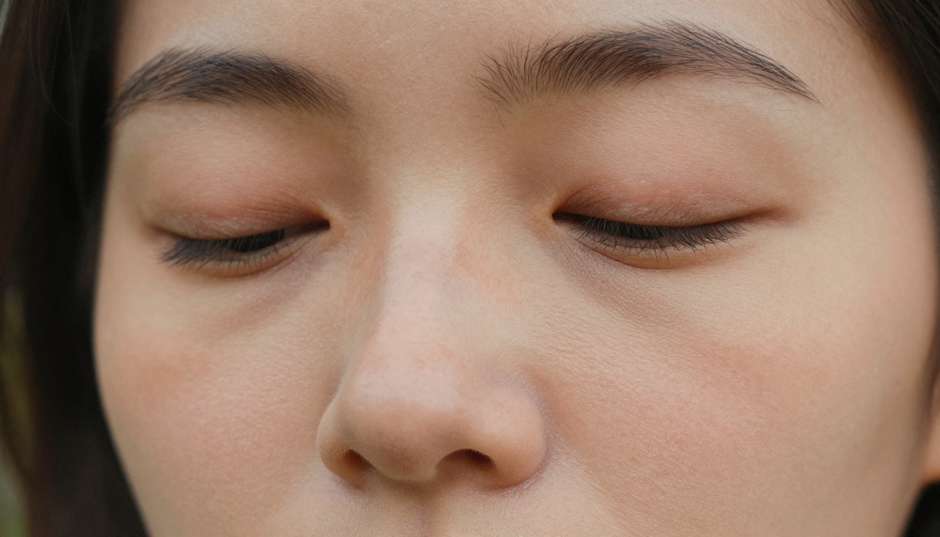 Artistic extreme close-up portrait showing authentic skin pores, natural eyelashes, and peachy skin tones at 8K