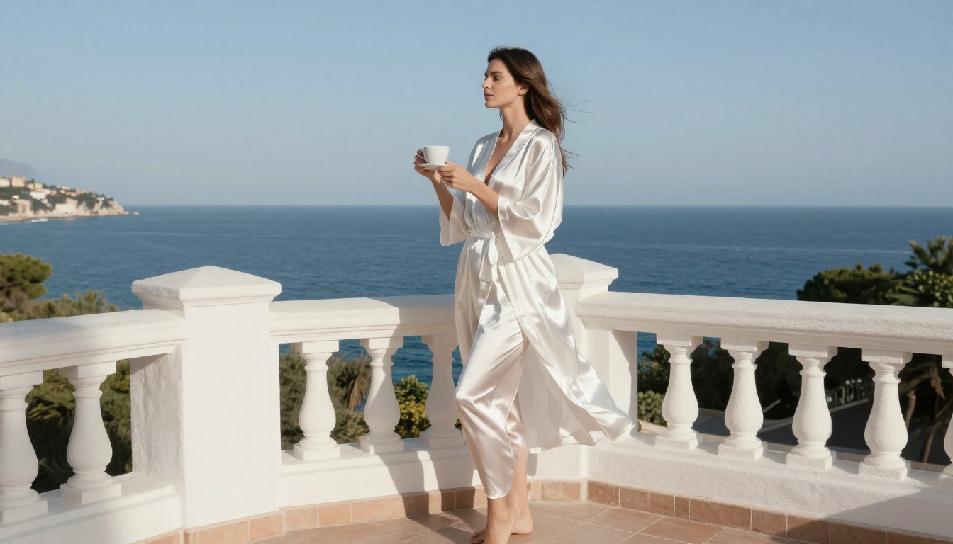 Beautiful woman in white silk robe on French Riviera terrace overlooking the Mediterranean sea