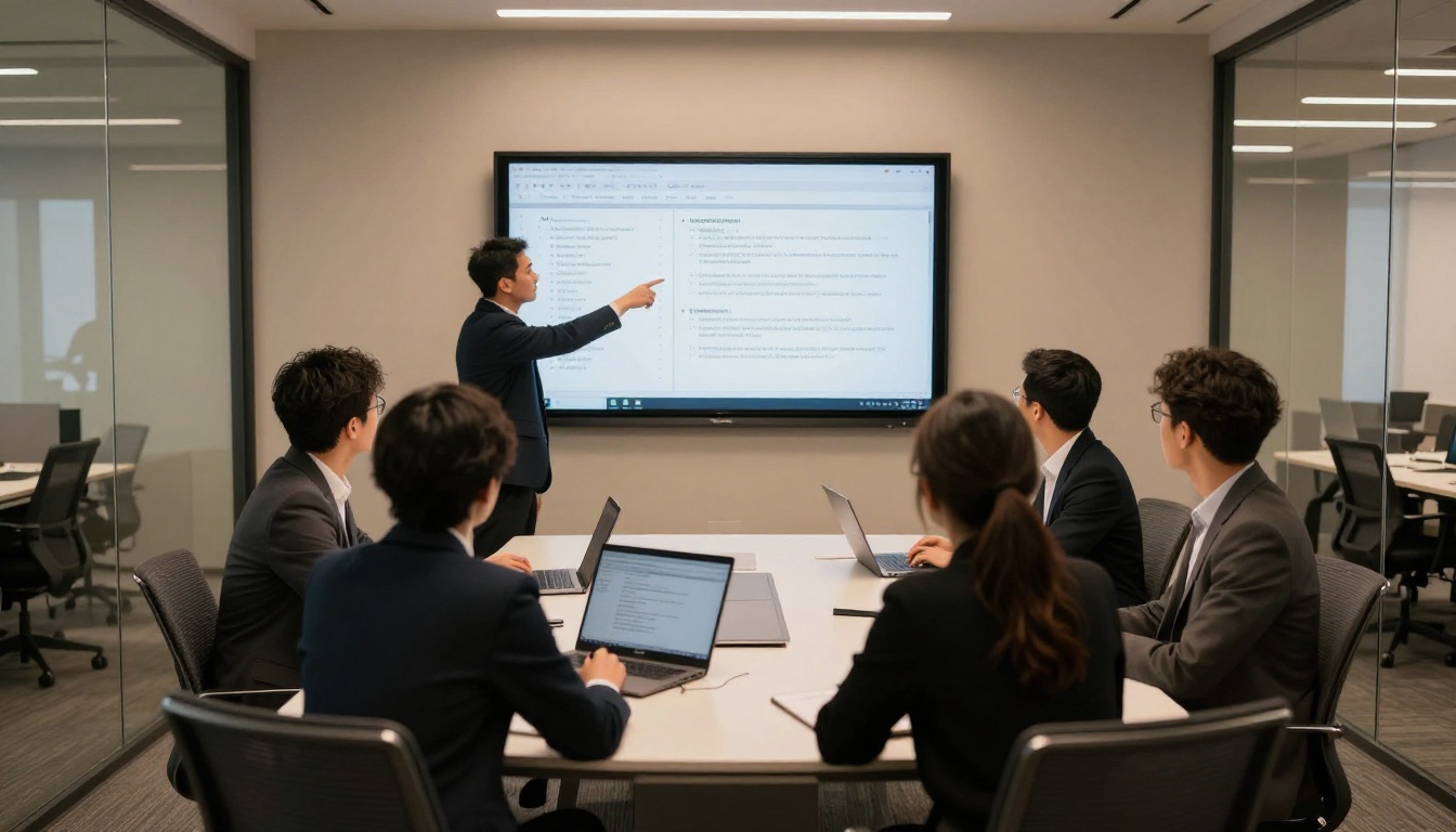 Four professionals reviewing an AI-generated document on a conference room screen Four professionals reviewing an AI-generated document on a conference room screen