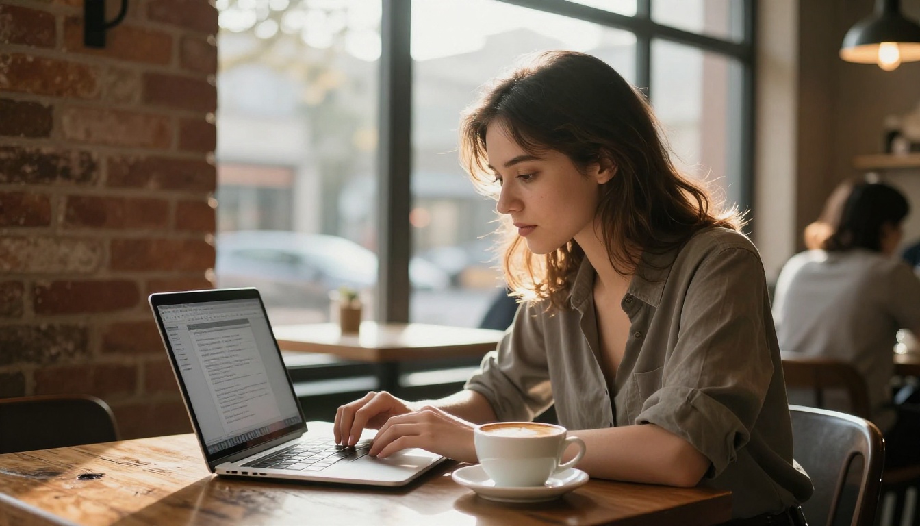 A writer working on a long document at a coffee shop with natural light A writer working on a long document at a coffee shop with natural light
