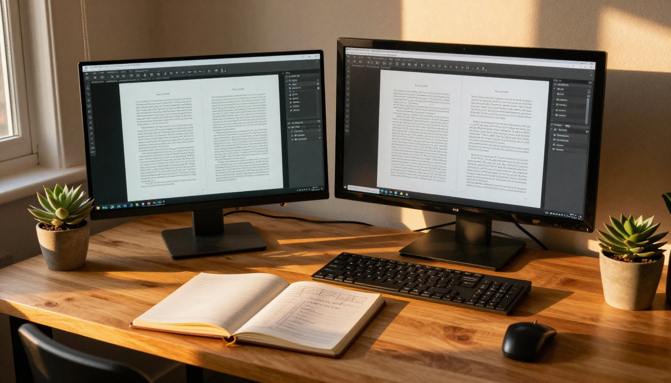 A dual-monitor writing setup at golden hour showing two document views side by side A dual-monitor writing setup at golden hour showing two document views side by side