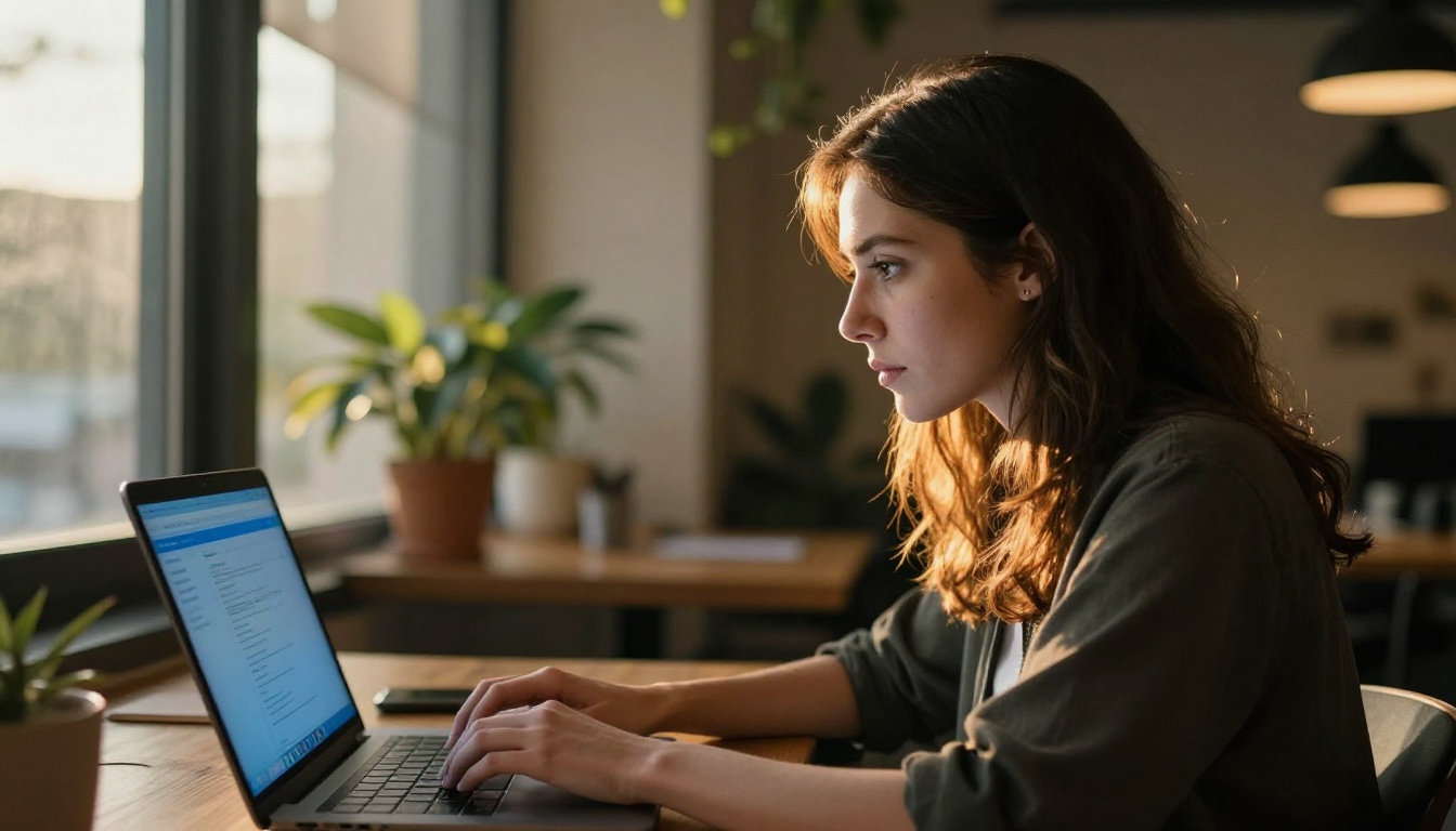 Female developer in side profile with warm window edge light and blue screen glow creating a split-tone effect Female developer in side profile with warm window edge light and blue screen glow creating a split-tone effect
