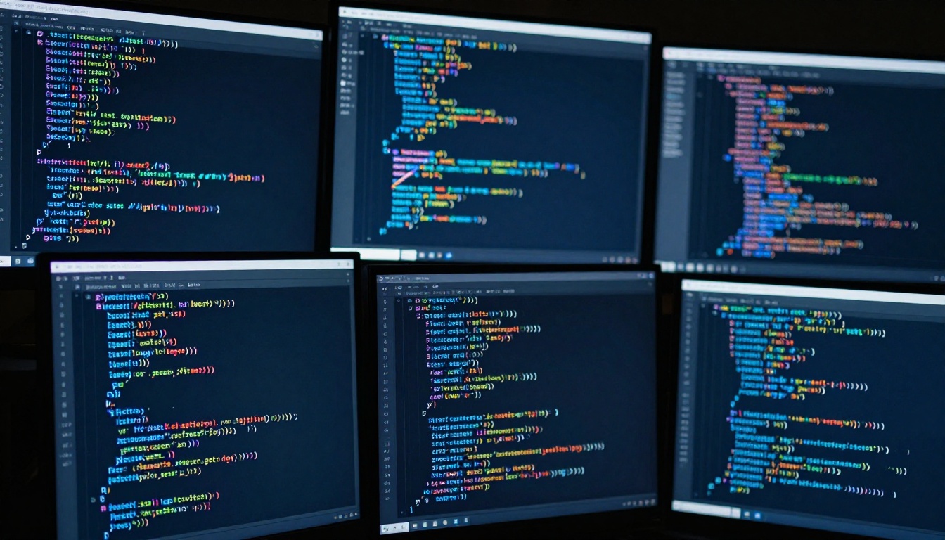 Multiple code editors on stacked screens at different angles, cool blue monitor light in a dark room, layers of sharp and blurred displays Multiple code editors on stacked screens at different angles, cool blue monitor light in a dark room, layers of sharp and blurred displays
