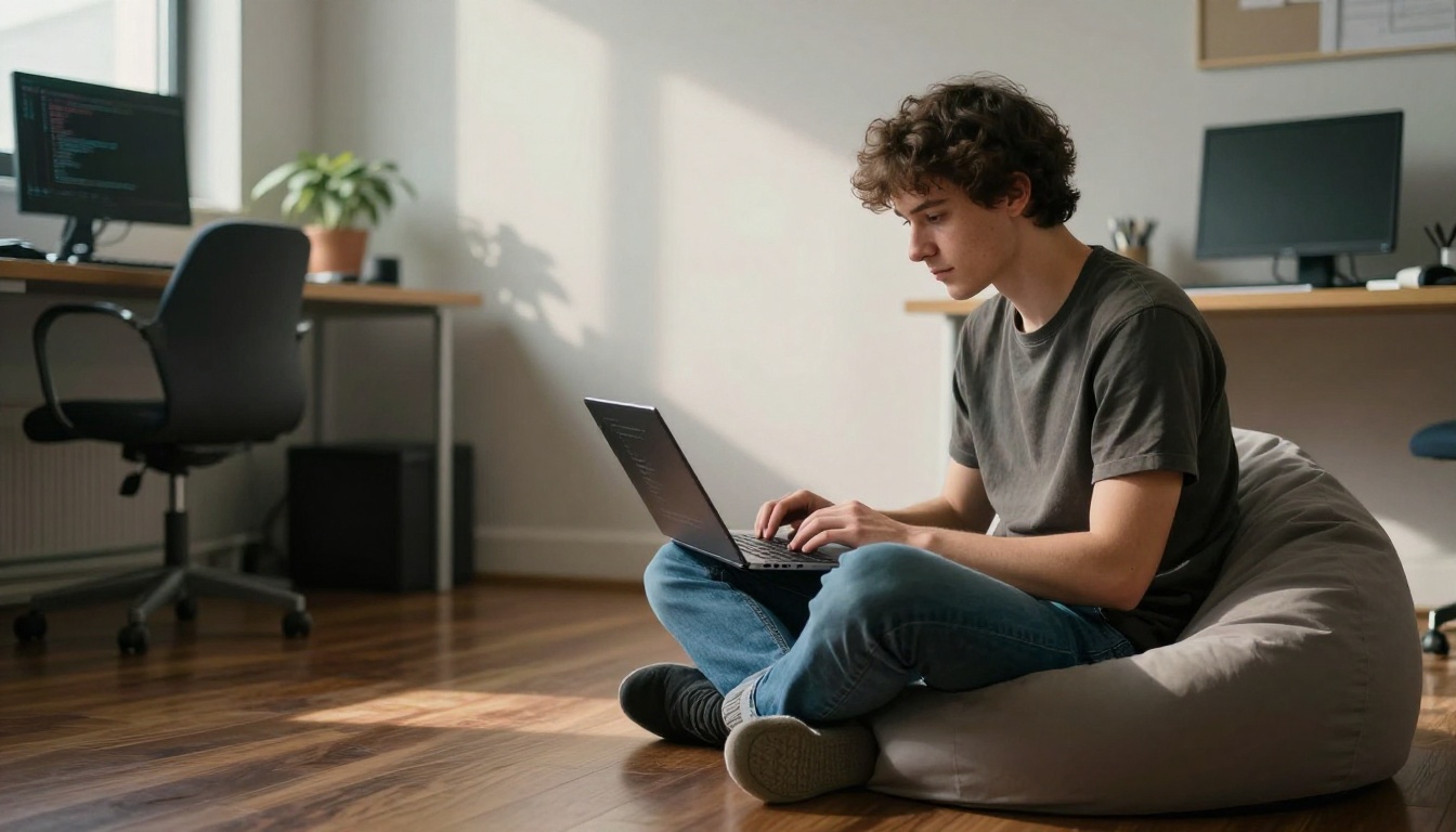 Young male developer sitting cross-legged on a bean bag with a laptop, soft skylight above, quiet concentration, hardwood floor visible below Young male developer sitting cross-legged on a bean bag with a laptop, soft skylight above, quiet concentration, hardwood floor visible below