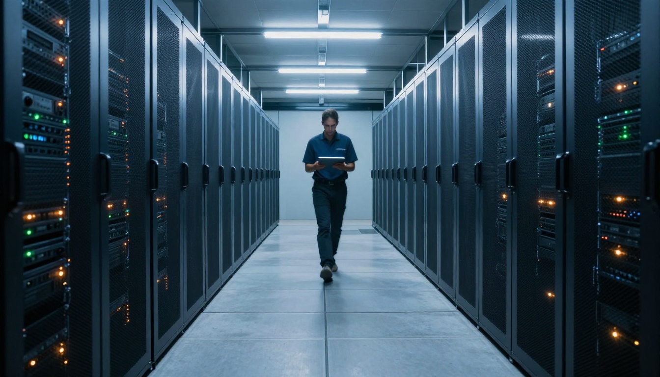 Server room corridor with rows of server racks, blinking indicator lights, lone engineer walking away with a tablet, cool fluorescent overhead lighting Server room corridor with rows of server racks, blinking indicator lights, lone engineer walking away with a tablet, cool fluorescent overhead lighting