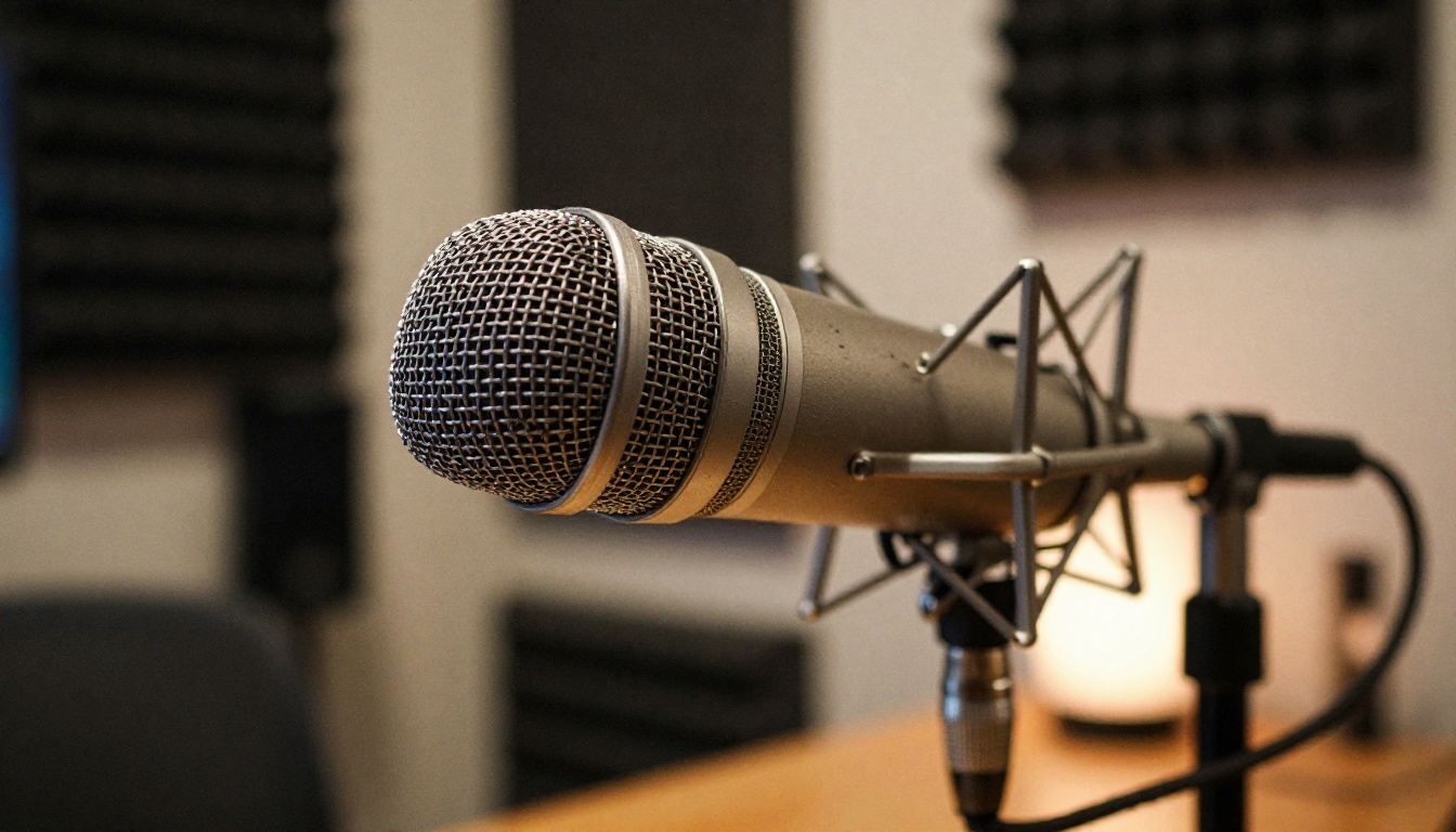 Professional USB condenser microphone on a desk stand in a home recording setup Professional USB condenser microphone on a desk stand in a home recording setup