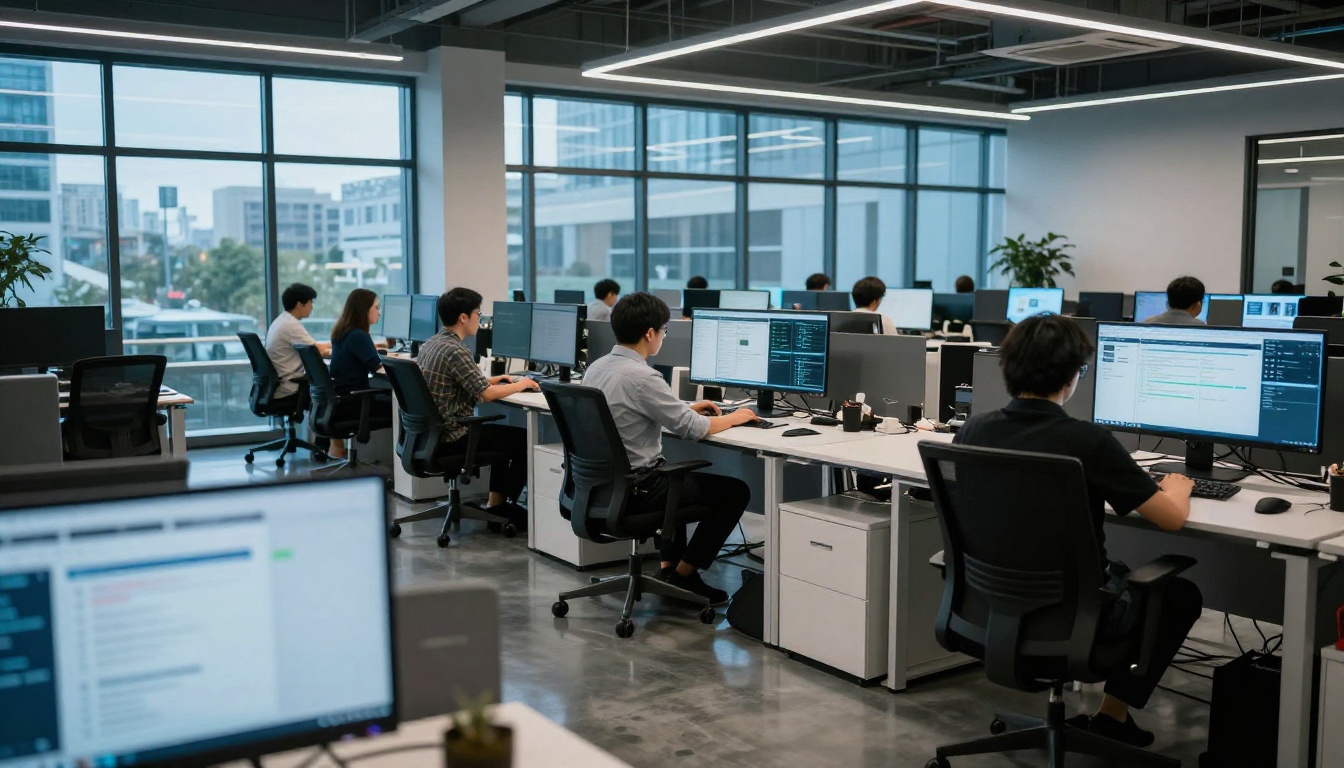 Modern tech office with rows of workstations and large monitors Modern tech office with rows of workstations and large monitors