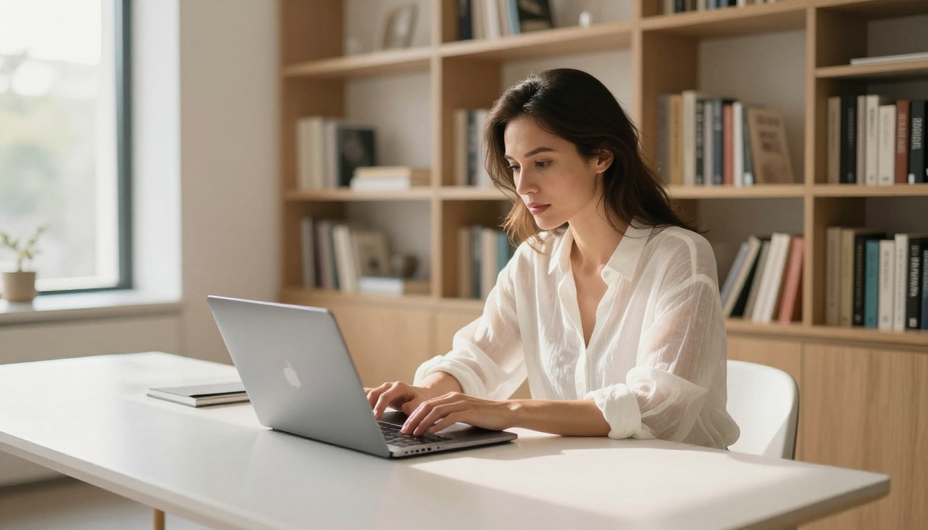 Woman working at laptop in minimalist modern studio with warm afternoon light