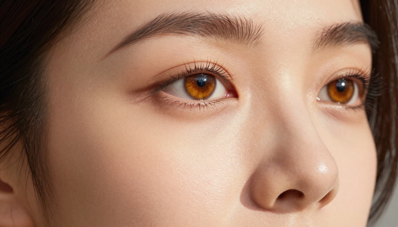 Close-up beauty portrait showing detailed skin texture, amber eyes, 100mm macro photography