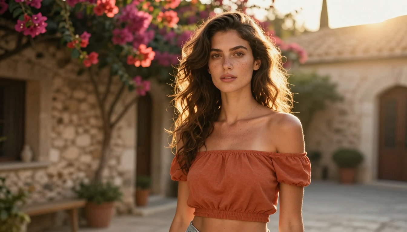 Outdoor golden hour portrait in Mediterranean courtyard, terracotta off-shoulder crop top, warm sunset light