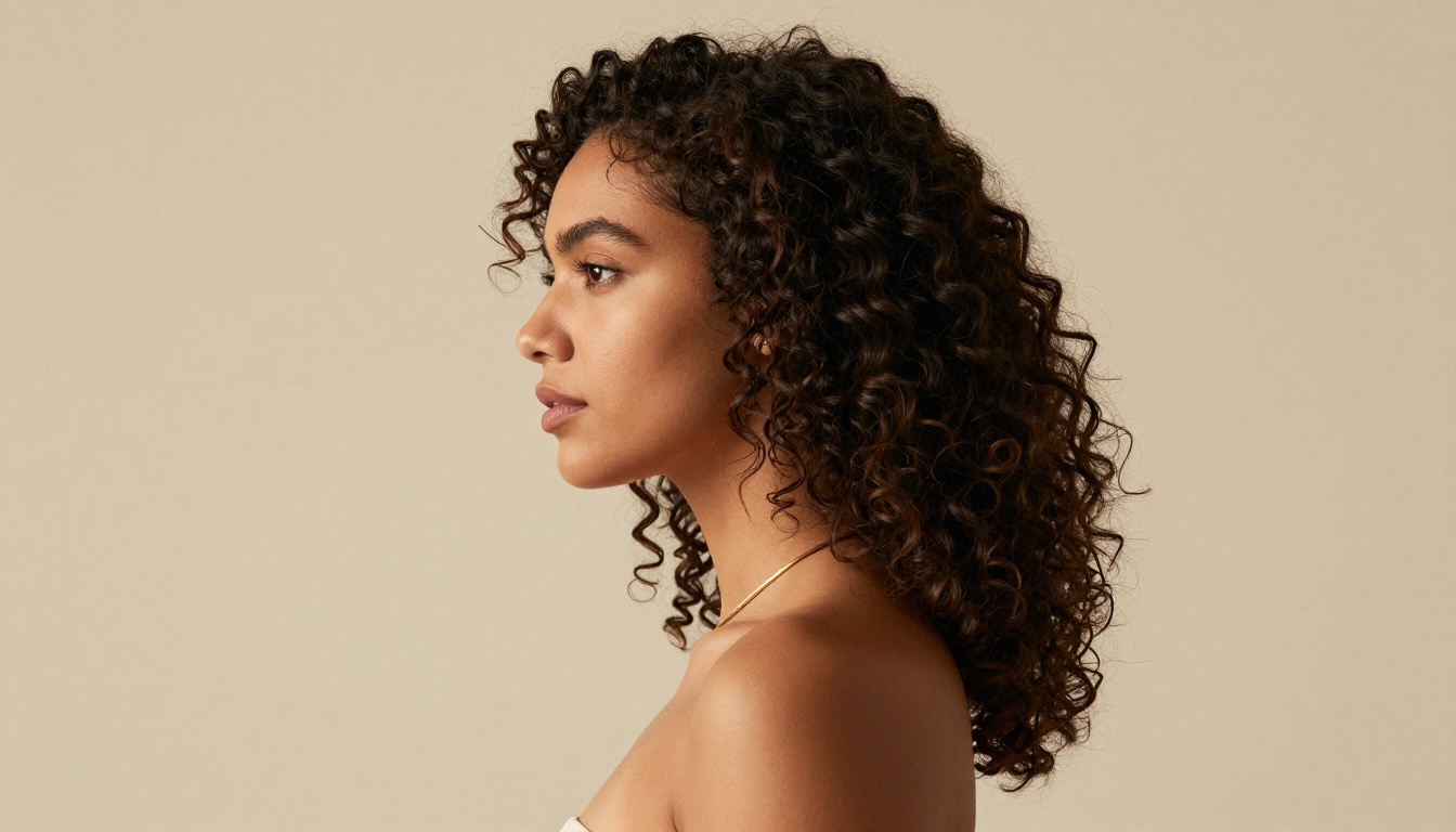 Side profile portrait of woman with natural dark curly hair and gold jewelry, 135mm photography