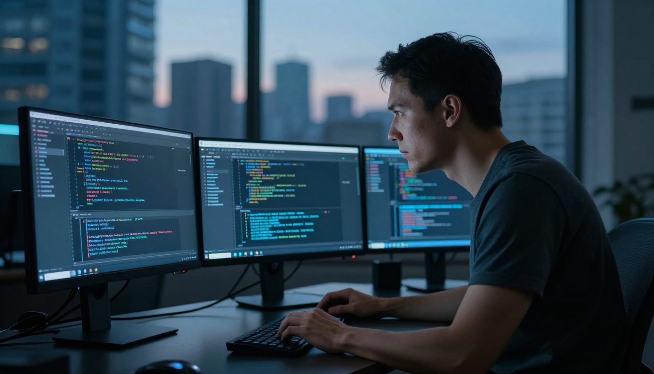 Software developer at a standing desk with three monitors filled with syntax-highlighted code editors Software developer at a standing desk with three monitors filled with syntax-highlighted code editors