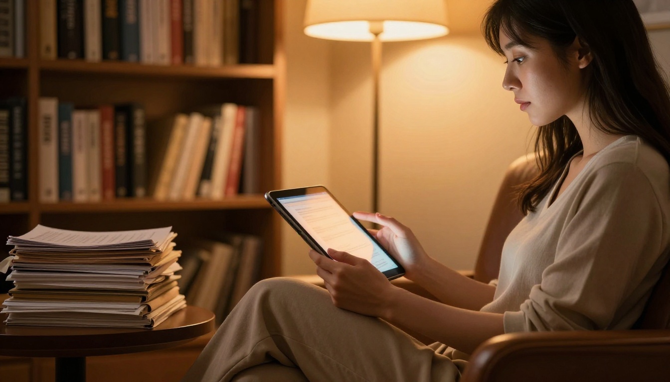 Woman reading from a tablet device in a leather armchair illuminated by warm amber light from a floor lamp Woman reading from a tablet device in a leather armchair illuminated by warm amber light from a floor lamp