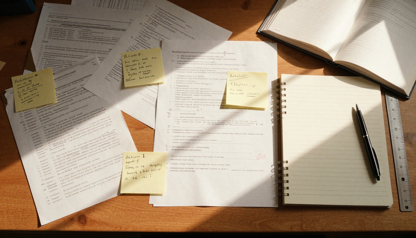 Aerial overhead shot of a wooden desk covered in layers of documents, sticky notes, and notebooks in organized chaos Aerial overhead shot of a wooden desk covered in layers of documents, sticky notes, and notebooks in organized chaos