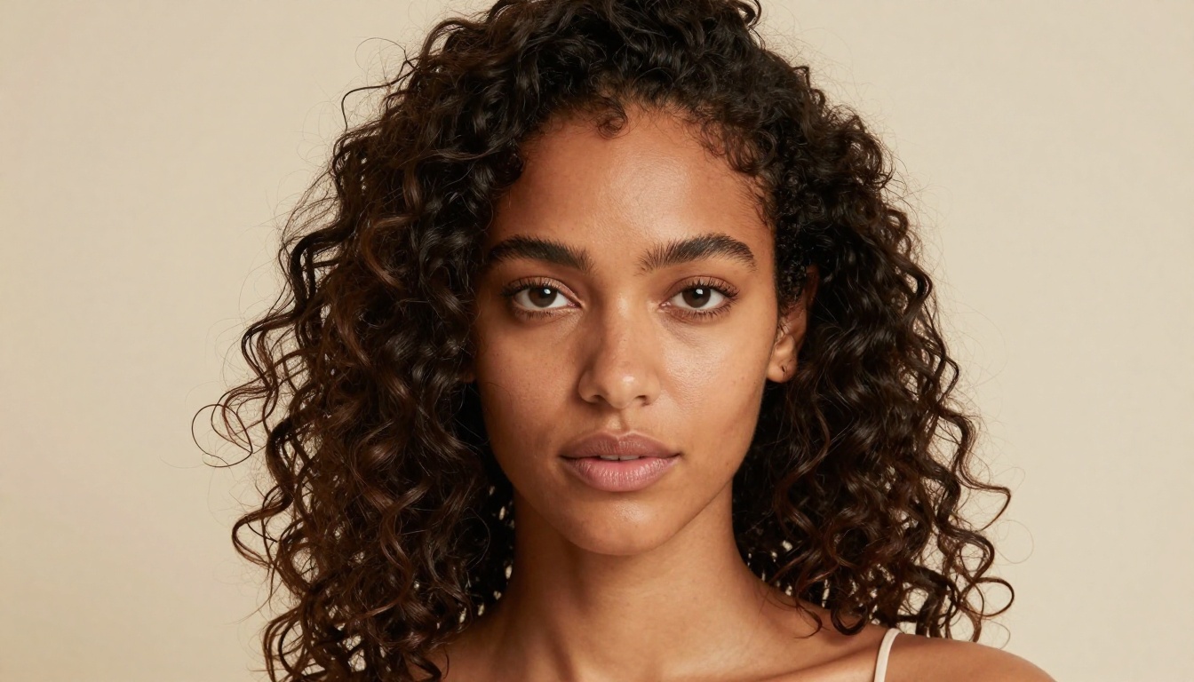 Close-up beauty portrait of a woman with natural mahogany skin in diffused studio light