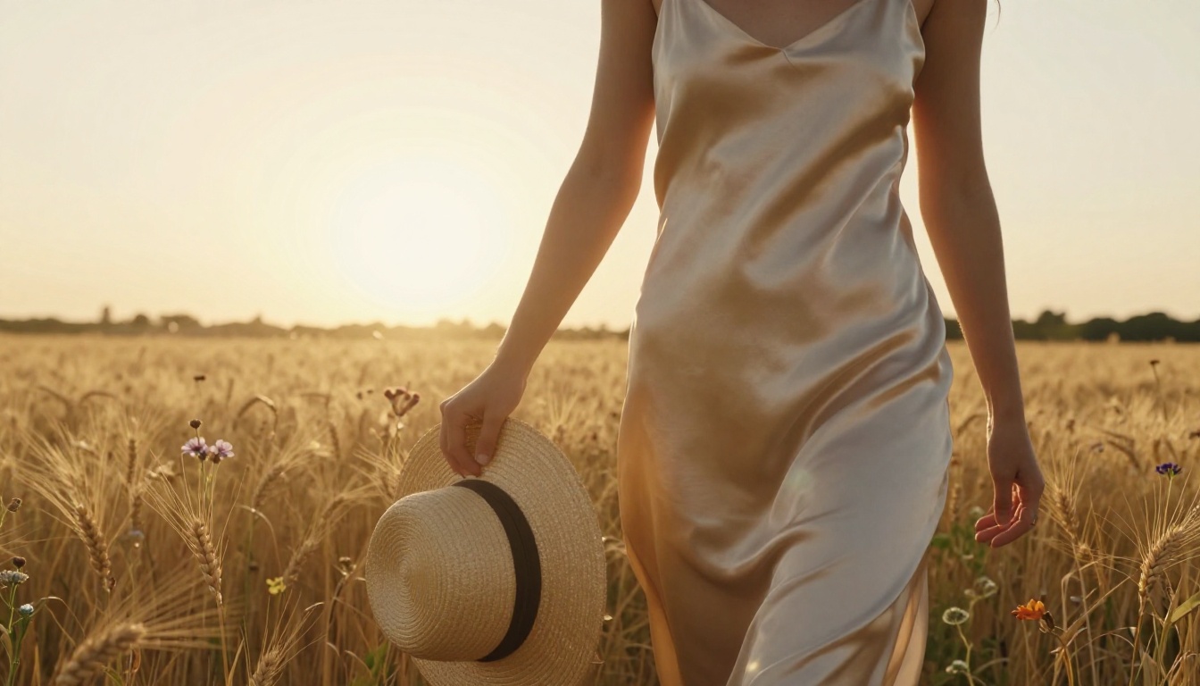 Woman in a champagne silk slip dress backlit in a golden wheat field at magic hour