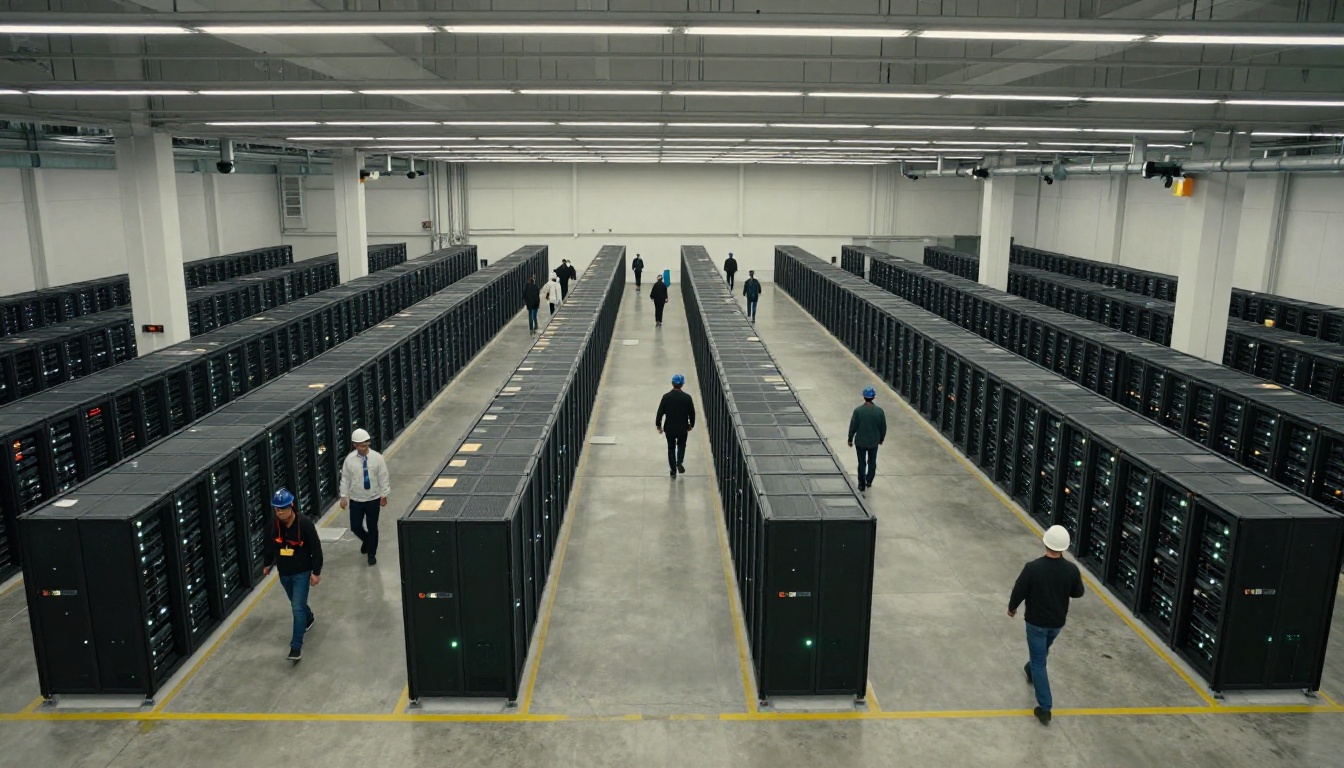 Aerial view of a data center floor with rows of server racks and technicians walking between them