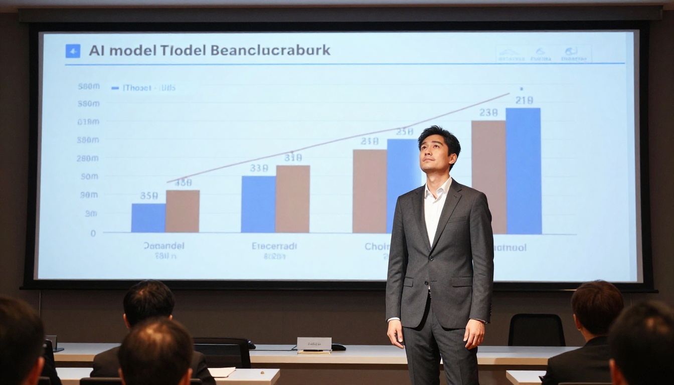 Conference presenter standing in front of a benchmark comparison screen in a large meeting room