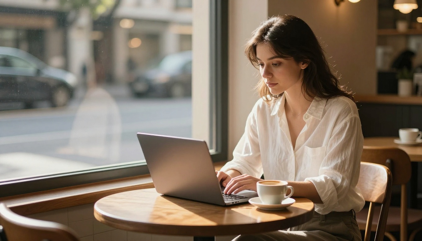 Young woman working on a laptop in a sunny cafe with warm morning light