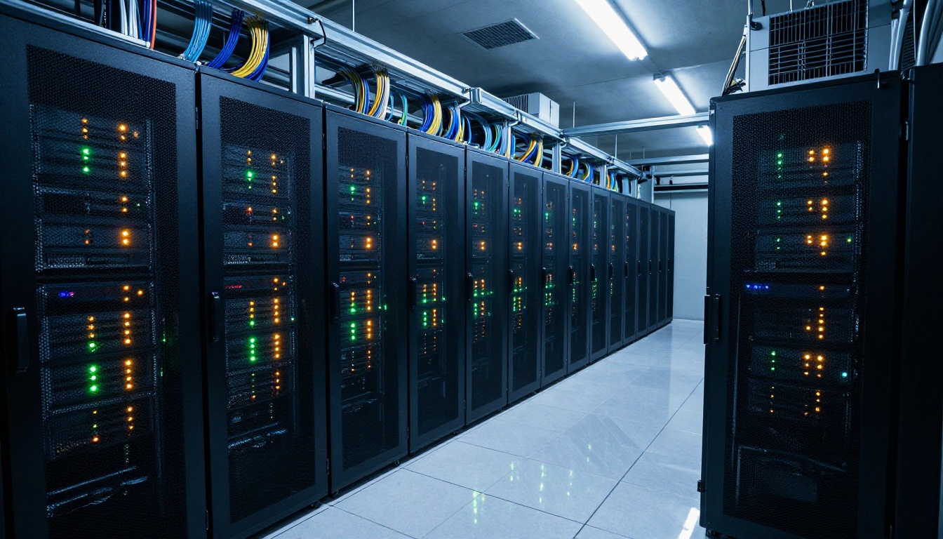 Low-angle view of server racks in data center with industrial overhead lighting Low-angle view of server racks in data center with industrial overhead lighting