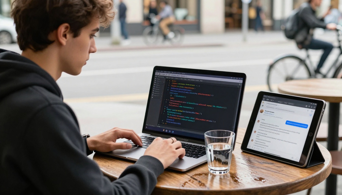 Developer at outdoor cafe terrace with side-by-side code comparison on laptop and tablet Developer at outdoor cafe terrace with side-by-side code comparison on laptop and tablet