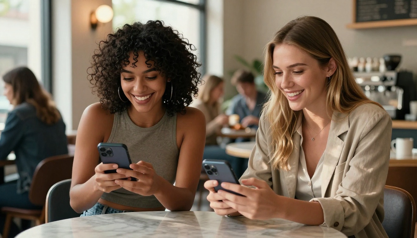 Two women laughing and comparing AI-generated image results on smartphones in a bright modern cafe
