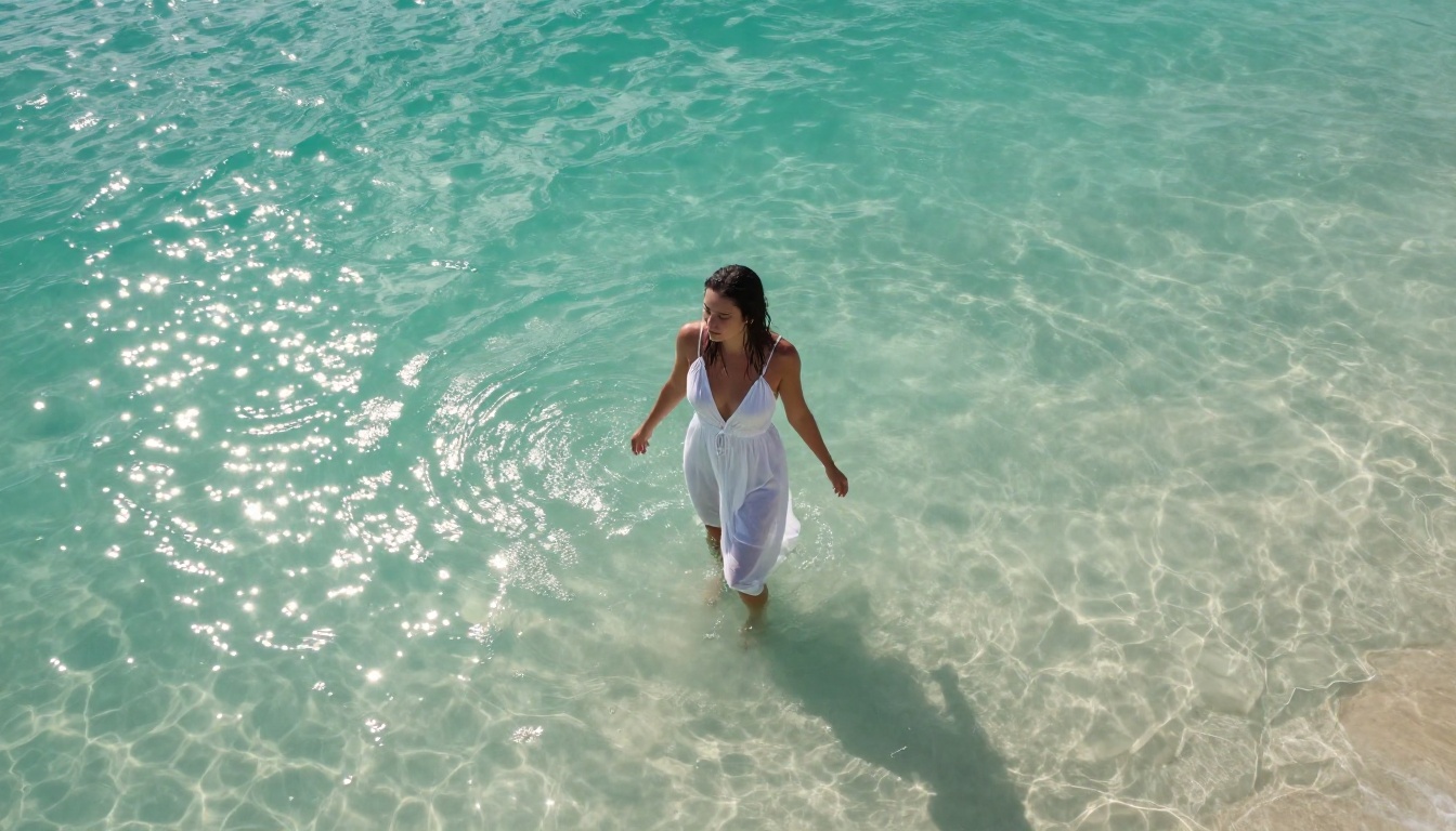 Woman in white summer dress standing in turquoise tropical lagoon aerial view