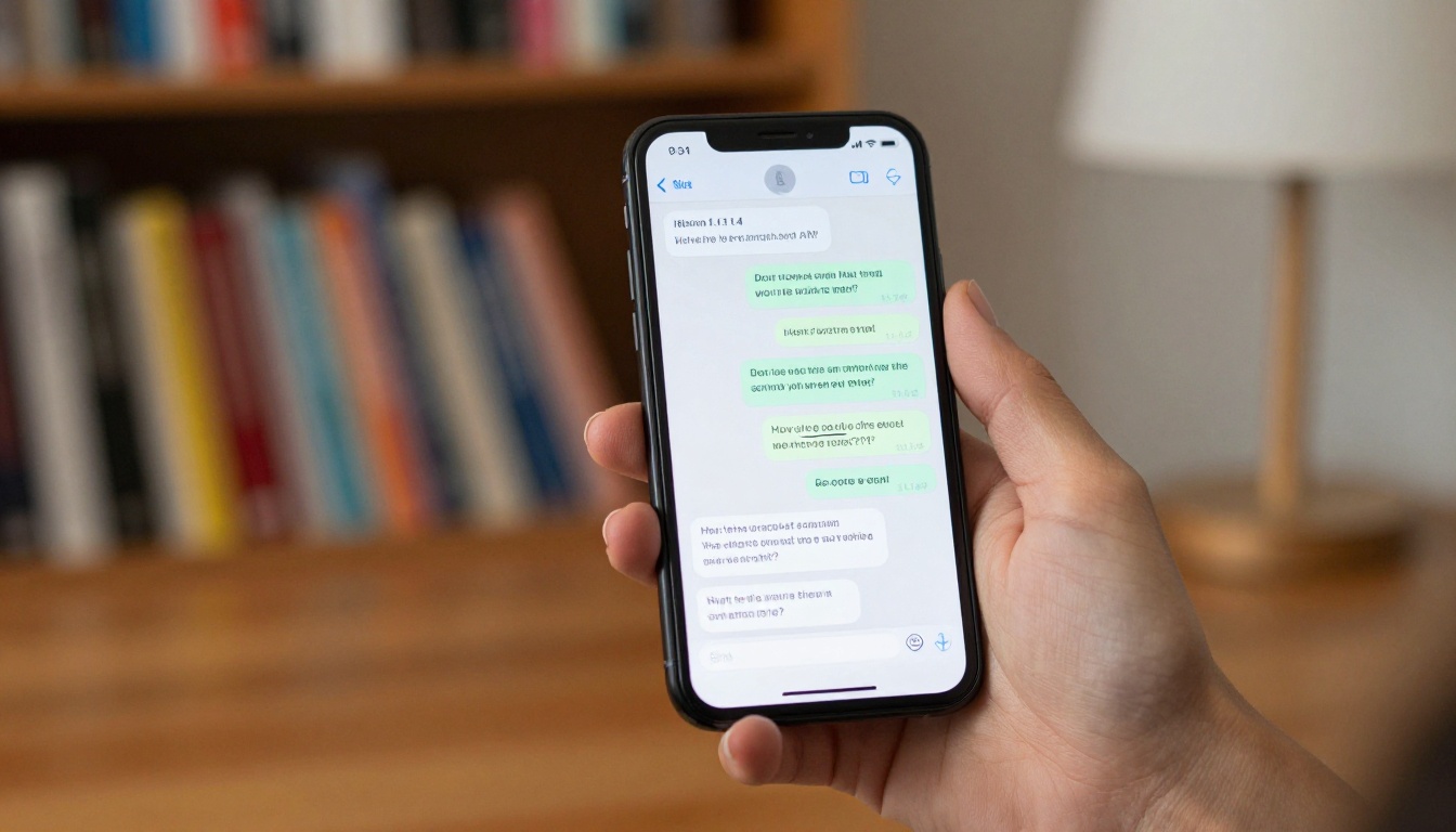 Smartphone with an AI chat interface in hand with a blurred bookshelf in background