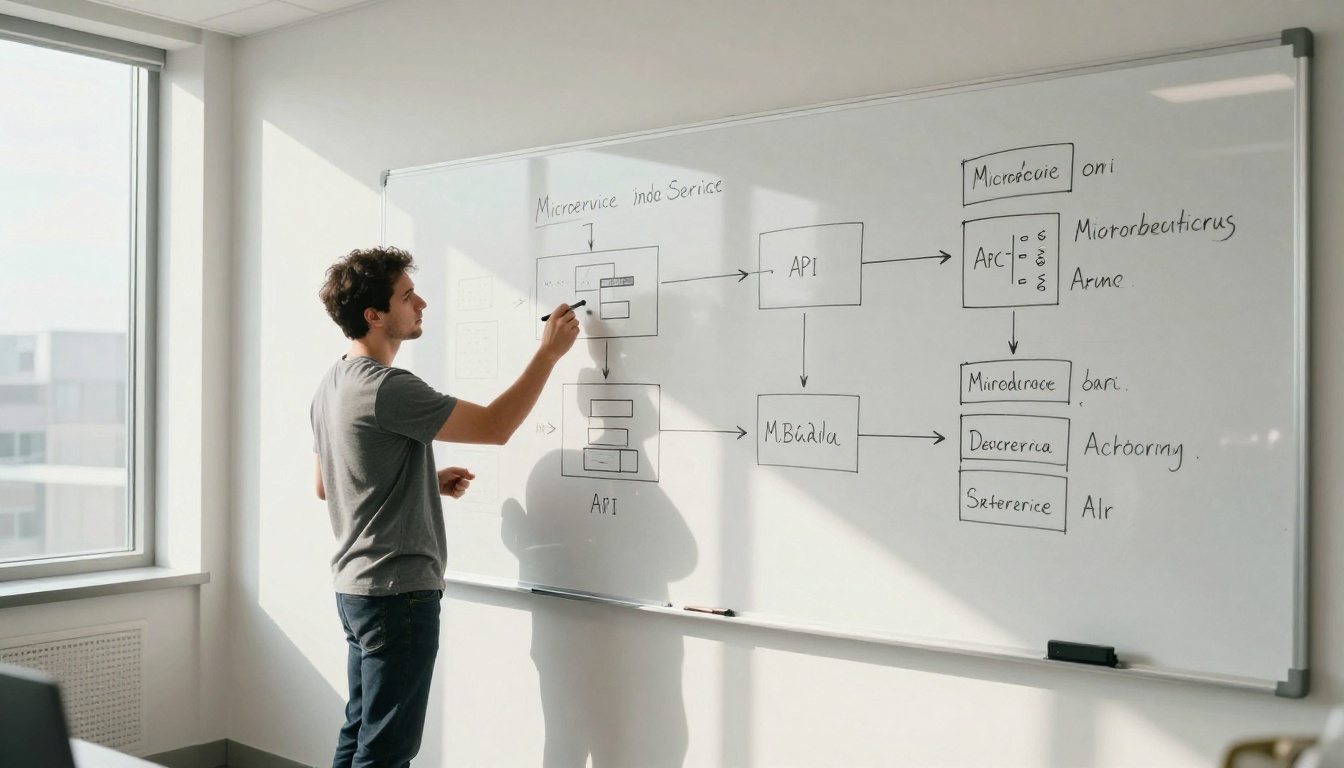 Software architecture whiteboard session with developer pointing at diagram in natural light Software architecture whiteboard session with developer pointing at diagram in natural light
