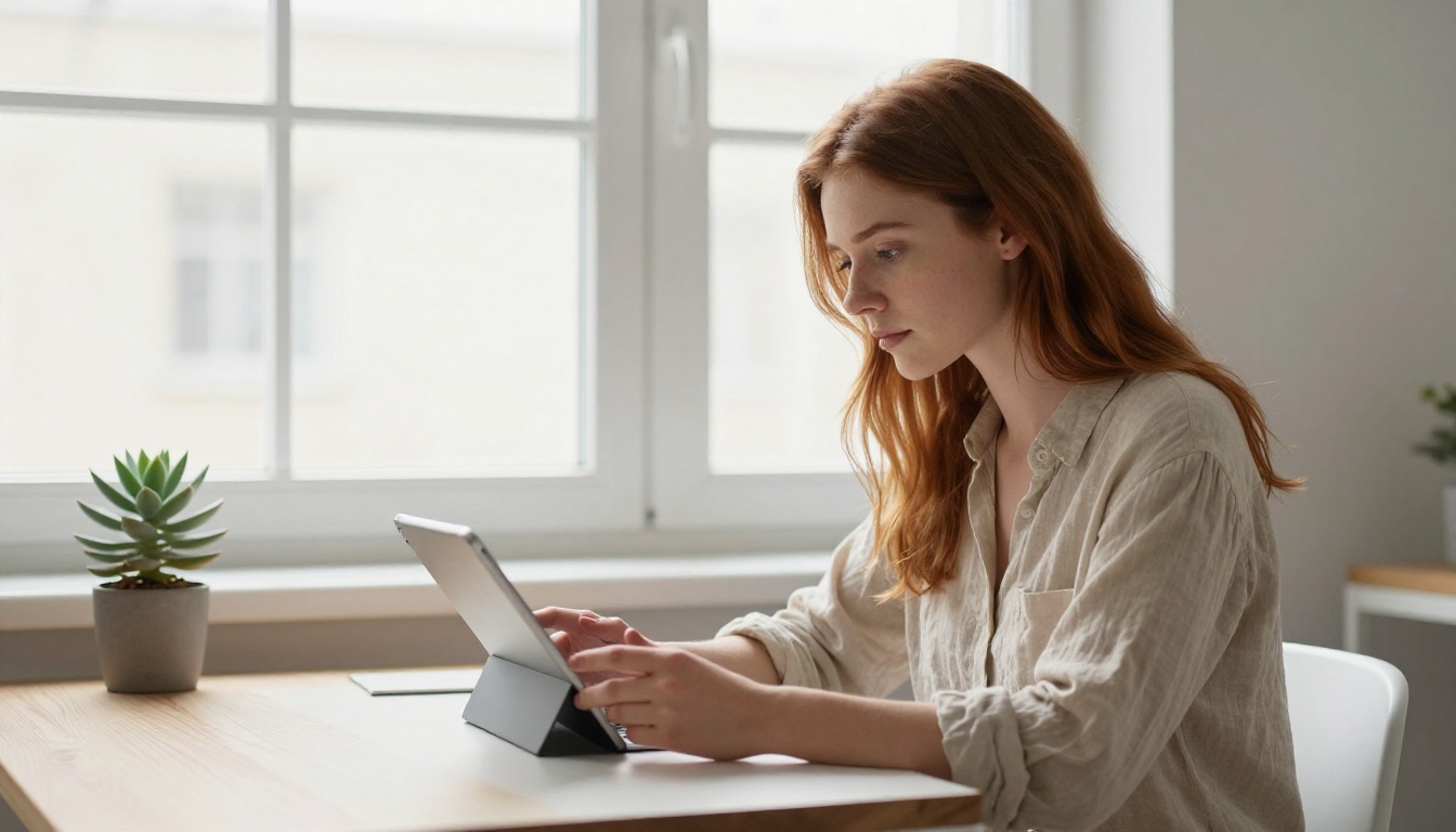 Young woman with auburn hair at Scandinavian home office reading on tablet