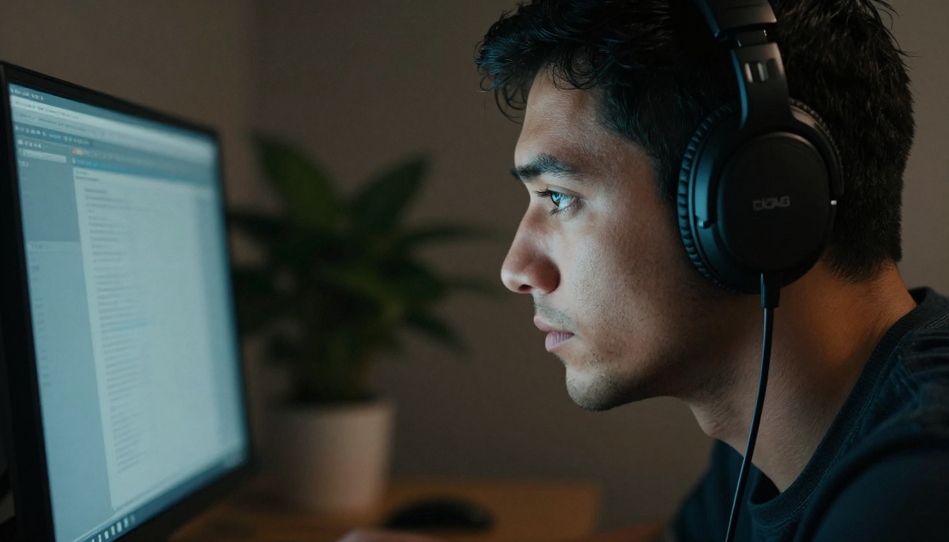 Profile portrait of focused developer with split cool-warm monitor lighting and headphones Profile portrait of focused developer with split cool-warm monitor lighting and headphones