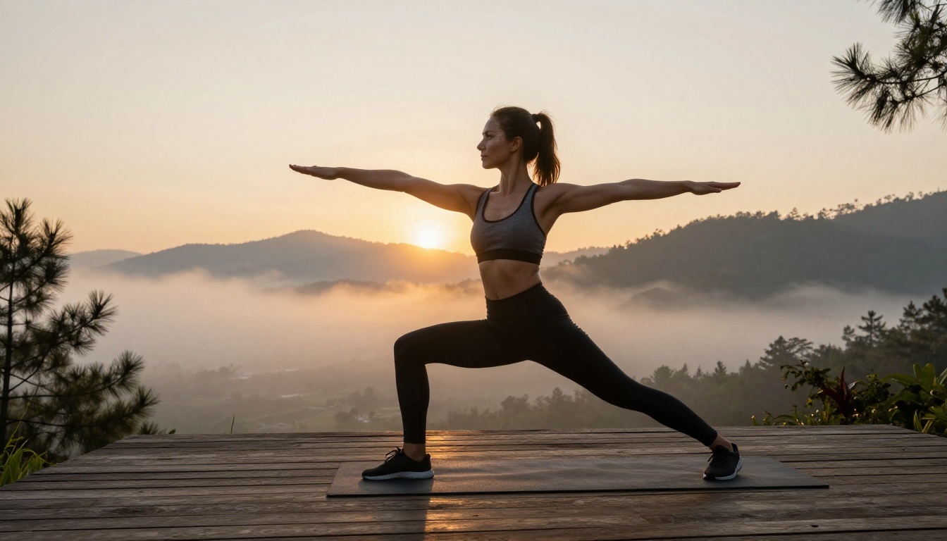 Woman in warrior yoga pose on mountain deck at sunrise, misty valley below, rim light on outstretched arm