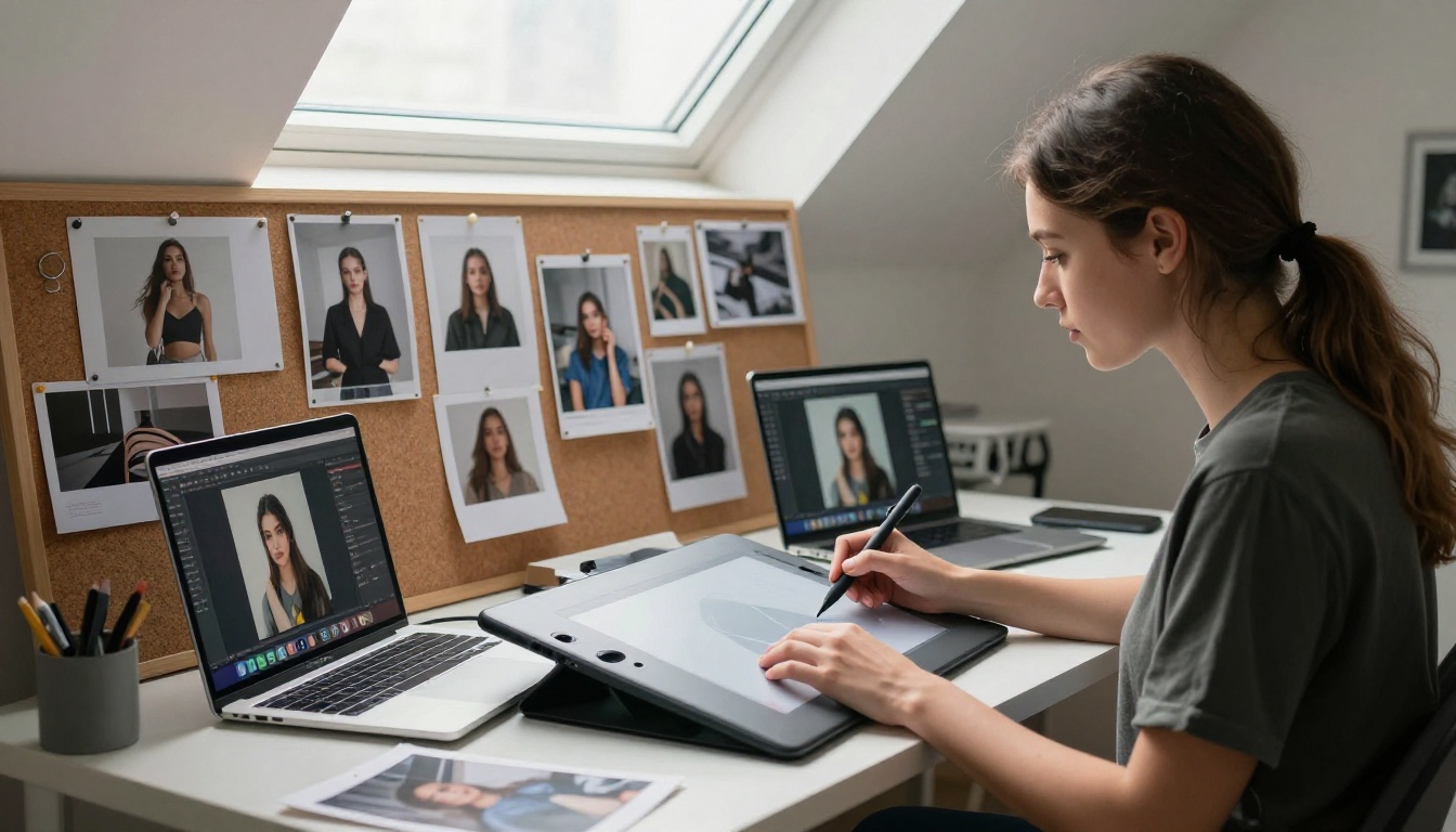 Creative professional using AI image generation interface at studio workstation Creative professional using AI image generation interface at studio workstation