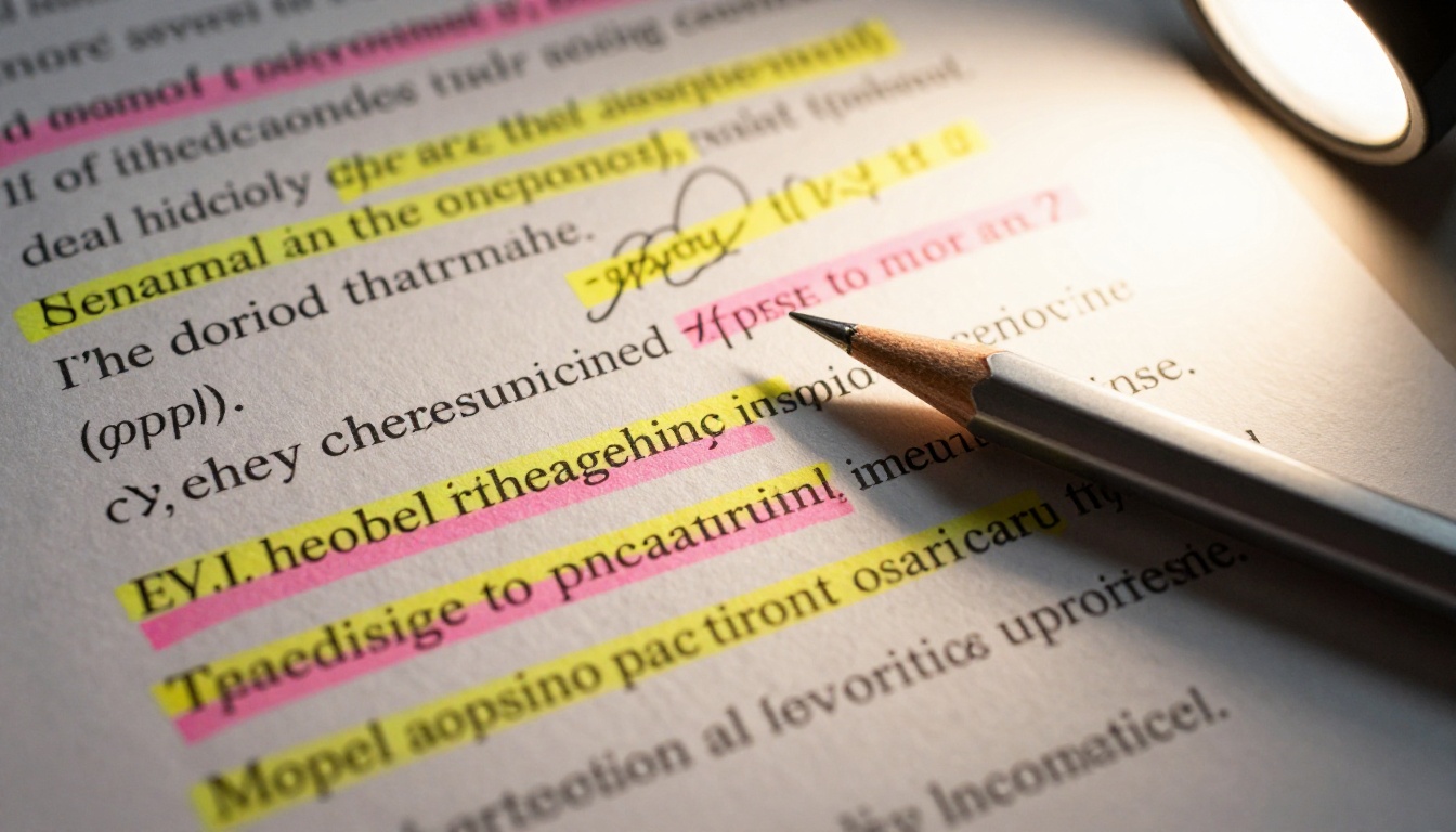 Macro close-up of a highlighted academic research paper with handwritten margin notes