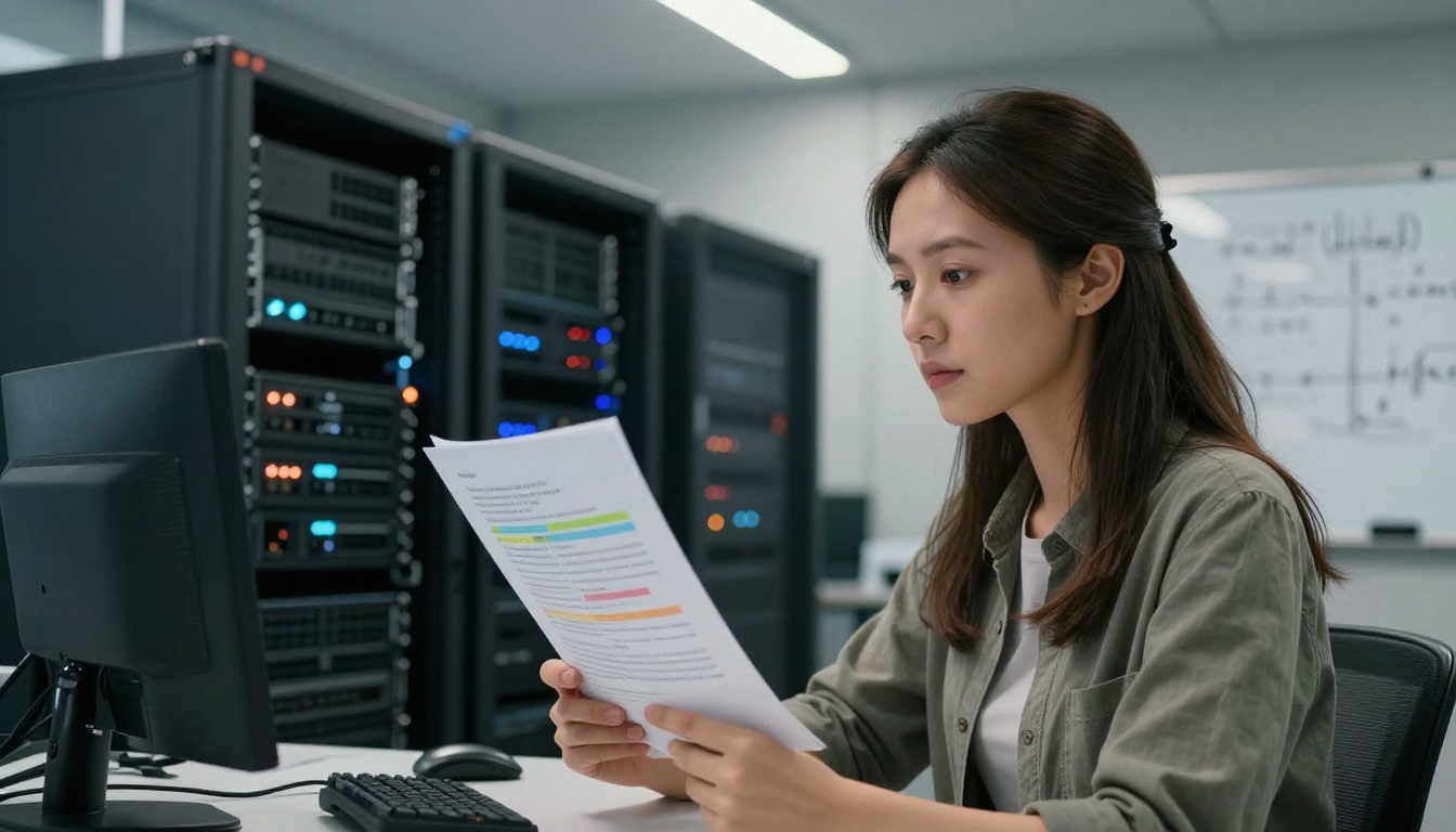 Female researcher examining highlighted printed documents in server lab setting Female researcher examining highlighted printed documents in server lab setting