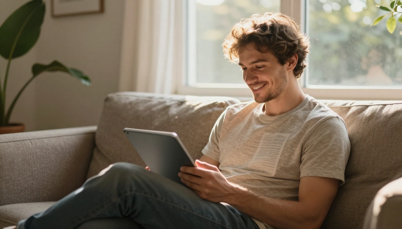 Man reading AI-generated article on tablet in warm afternoon sunlit living space Man reading AI-generated article on tablet in warm afternoon sunlit living space