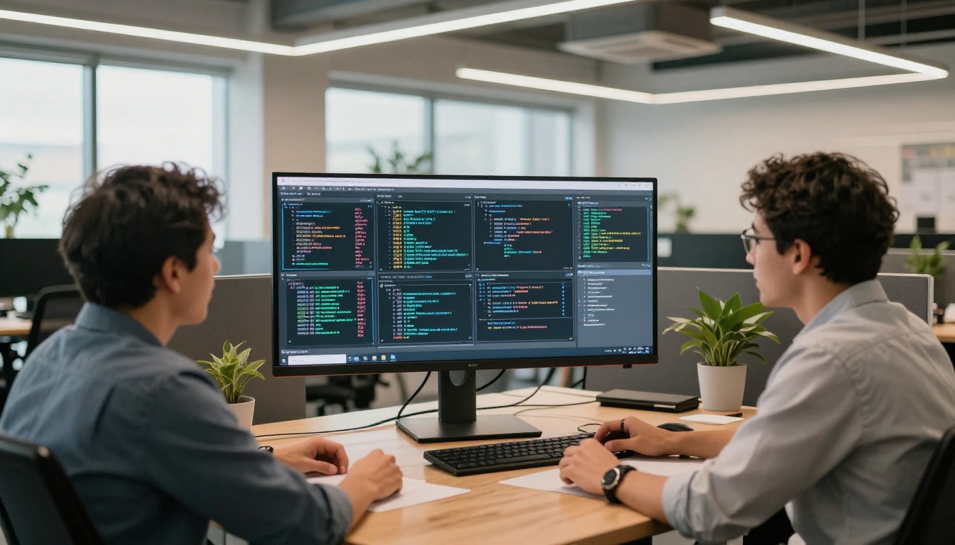 Three software developers collaborating around a monitor showing AI model output comparison