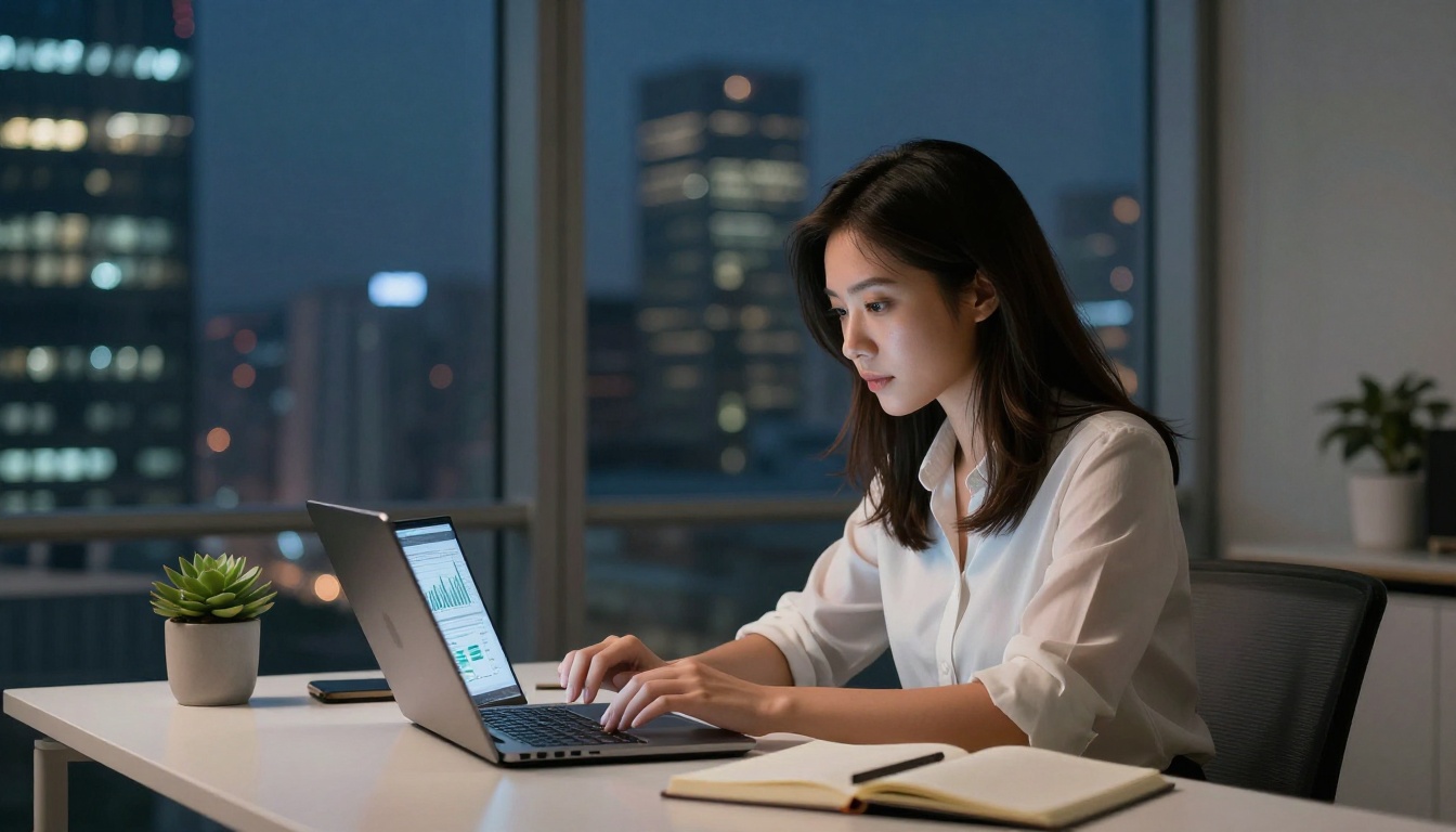 Young professional woman working late in a glass-walled office with city lights behind her