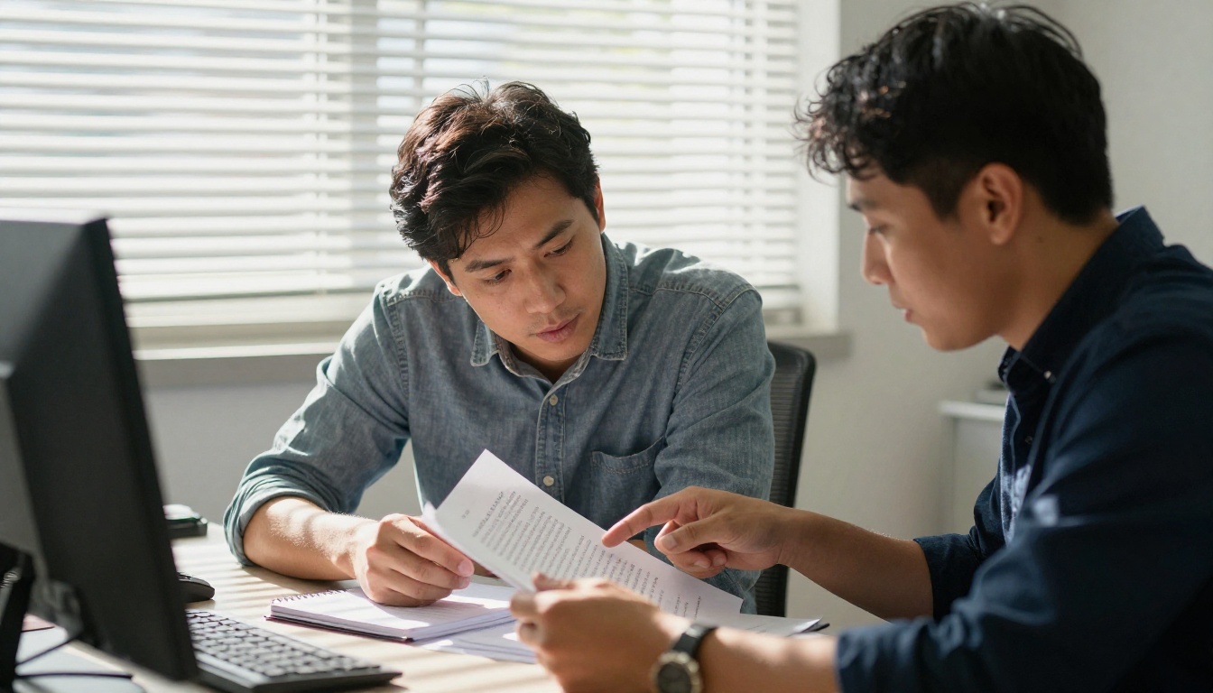 Two colleagues reviewing printed research documents together in a sunlit academic office