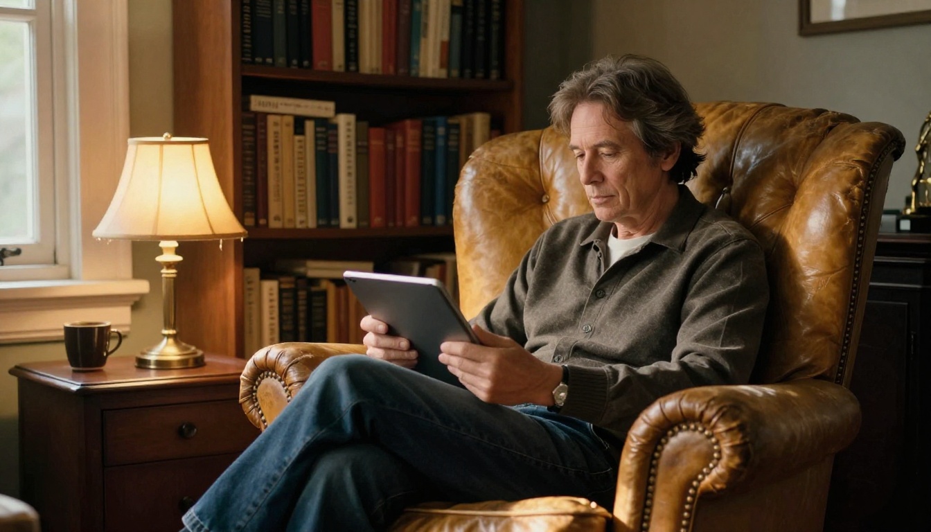 Thoughtful researcher reading from a tablet in a vintage leather armchair surrounded by bookshelves