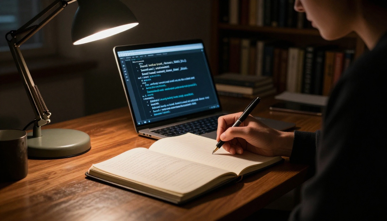 Person writing notes in notebook beside open laptop at moody desk