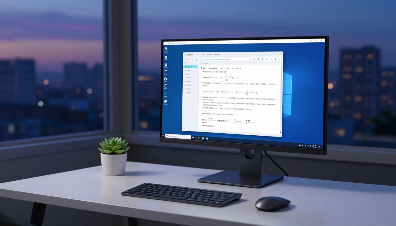Minimalist home office desk with monitor showing AI reasoning output at blue-hour dusk