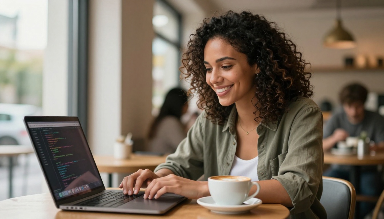 Smiling female software engineer reviewing successful AI output on laptop in a bright café