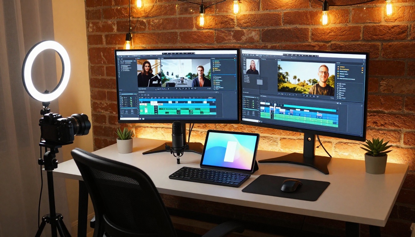 Content creator's home studio with dual ultrawide monitors showing AI video editing interface, ring light and professional microphone