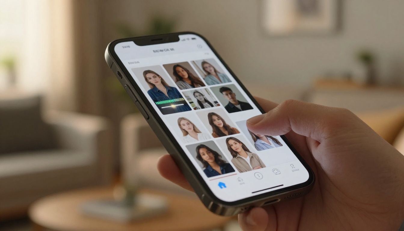 Woman holding iPhone displaying AI video generation app with model selection grid, blurred warm living room background