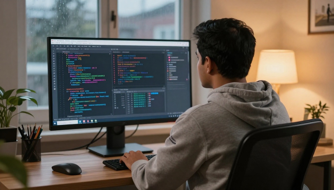 Developer reviewing AI chat panel over shoulder