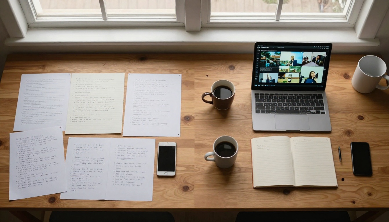 Flat-lay aerial comparison of analog paper notes versus digital AI video setup on wooden desk, morning light