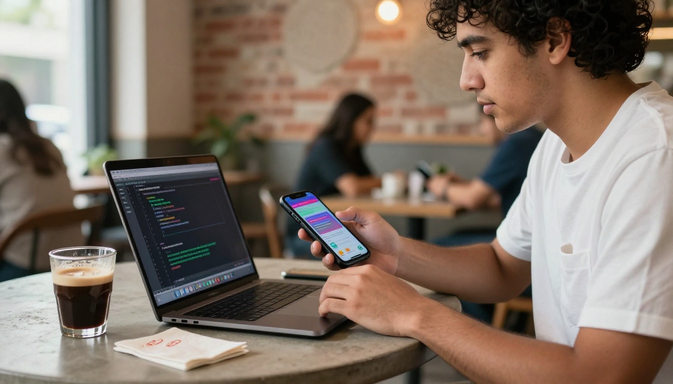 Developer testing mobile app at café