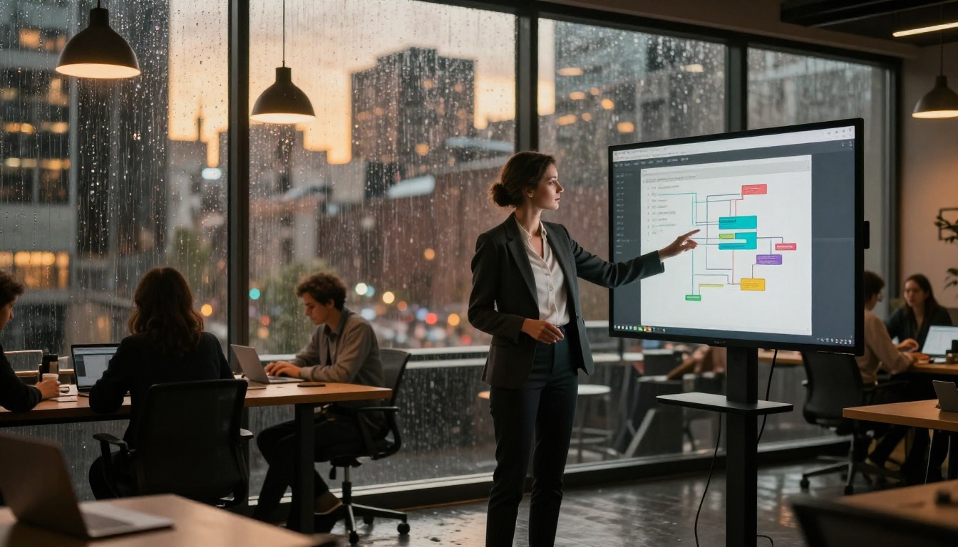 Developer silhouetted against a rainy city skyline at a standing desk