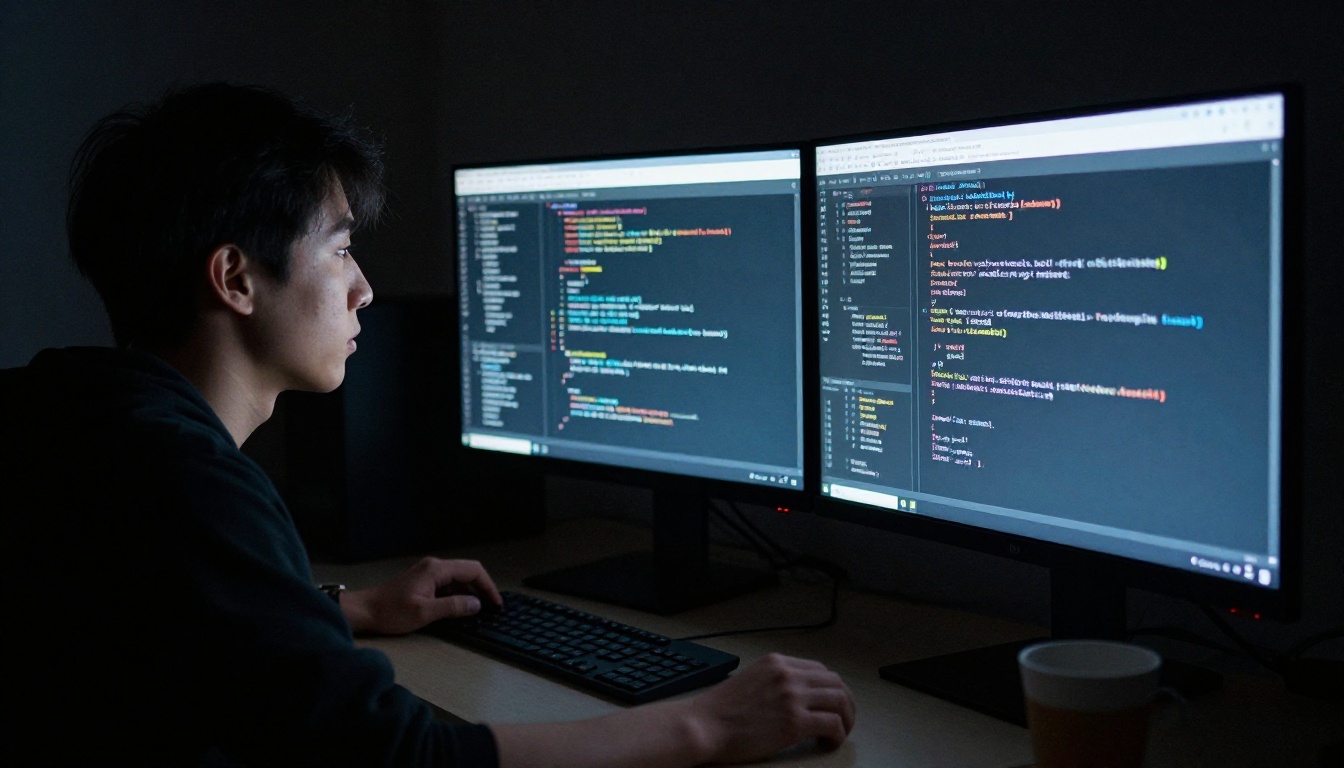 Software engineer at dual monitors with code files glowing at midnight in a dark home office Software engineer at dual monitors with code files glowing at midnight in a dark home office